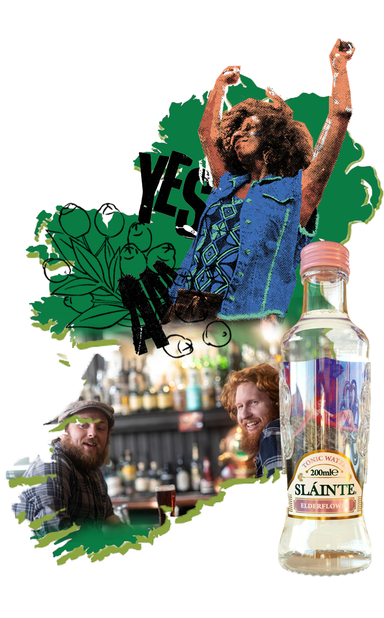 Outline of Ireland with bottled water and NCAD illustrations