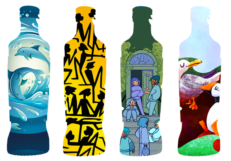 NCAD artwork from students on glass water bottle outline